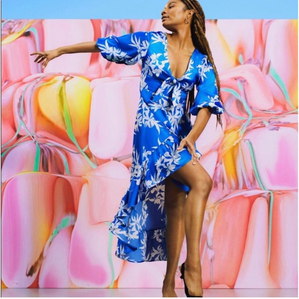 NWT ALEXIS for Target Blue Floral Tie-Front High-Low Dress Medium